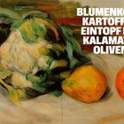 Text: Blumenkohl-Kartoffel-Eintopf mit Kalamata-Oliven. 
Illustration: Buntes Stillleben mit Blumenkohl und Granatäpfeln.