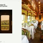 "The Eastern & Oriental Express". Links Zugfenster mit Landschaft, rechts luxuriöser Speisewagen mit gedeckten Tischen.