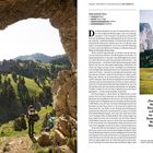 Zwei Seiten. Links: Wanderer in grüner Landschaft, Felsenkulisse. Rechts: Text über den "Vercors Trail", Foto von Berglandschaft.