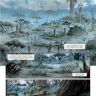 Texte beschreiben einen nebligen Sumpf mit Bäumen. Die Illustrationen zeigen eine dichte, bewaldete Sumpflandschaft.