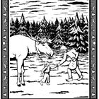 „DAMIT ÜBERGAB TYYTIKKI DAS EFU-LASSO AN LEMMINKÄINEN, DER MIT DEM NUN ZAHMEN TIER DAVONSTAPFTE.“ Illustration von Wald, Elch und zwei Personen.