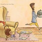 „Mein Freund hat eine feine Nase.“ Illustration: Ein Mann trägt ein Tablett, ein Kind lehnt schlafend an einem Sessel.