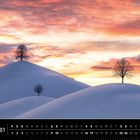 Text: „Schweiz 01“, „verschneite Hügel am Hirzel“. Sanfte, schneebedeckte Hügel mit einzeln stehenden Bäumen im Sonnenuntergang.