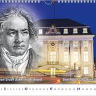 Beethoven-Stadt Bonn, Deutschland. Beethoven-Gesicht vor beleuchtetem Gebäude, Kalenderdatum unten.