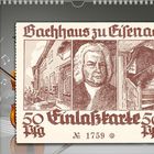 „Bachhaus zu Eisenach“, „Einlaßkarte 50 Pfg“, „Nr. 1759“. Illustration: Gebäude, Porträt, Treppe. Kalenderseite mit Geige.