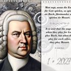 Links Porträt eines Mannes in barocker Kleidung, im Hintergrund musikalische Motive. Rechts Kalender Zitat über Engel, Bach und Mozart.