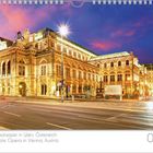 "Wiener Staatsoper in Wien, Österreich. Lichter beleuchten das imposante Opernhaus vor einem farbenprächtigen Abendhimmel."