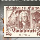 "Bachhaus zu Eisenach", "Einlasskarte 50 Pfg", "Nr. 1759". Historische Illustration eines Hauses, Gesichts und Treppe, Kalender.