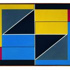Kunstwerk mit geometrischen Formen: Gelbe, blaue, schwarze und graue Rechtecke und Dreiecke, unterteilt durch weiße Linien.