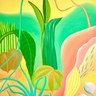Eine farbenfrohe Illustration zeigt stilisierte Pflanzen mit grünen, blauen und gelben Blättern vor einem gelben Hintergrund.