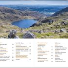 Textliste mit Wanderwegen und Seitenzahlen. Im Hintergrund eine felsige Berglandschaft mit See und zwei Wanderern.