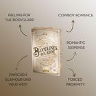 Texte: "FALLING FOR THE BODYGUARD", "COWBOY ROMANCE", "ROMANTIC SUSPENSE", "FORCED PROXIMITY", "ZWISCHEN GLAMOUR UND WILD WEST". Goldener Karton.