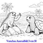 Text: "Vorschau Ausmalbild 3 von 50". Eine Illustration zeigt eine sprechende Eidechse und eine lächelnde Schildkröte am Strand.