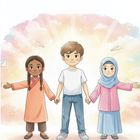 Drei Kinder halten sich an den Händen, vor einem farbenfrohen, leuchtenden Hintergrund.