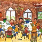 „Im Gasthaus“ und „W gościńcu“. Illustration: Kinder sitzen fröhlich um zwei Tische mit Tellern und Bechern.
