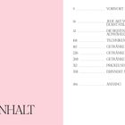 Text: "INHALT" links, Kapitelübersicht rechts mit Seitenzahlen. Rosa Hintergrund links, weißer Hintergrund rechts.