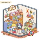 "Laden um die Ecke". Eine niedliche Illustration eines kleinen Ladens mit Regalen voller Produkte, Kasse und Dekoration.