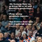 Zitate über Svetislav Pešić von Ingo Weiss, Uli Hoeneß, Pep Guardiola und Nikola Jokić vor unscharfem Publikum.