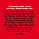 Roter Hintergrund, weißer Text: "Liebeserklärungen an den deutschen Rekordmeister von:" gefolgt von 23 Namen. Logo unten links.