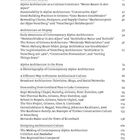 Texts: "Contemporary Alpine Architecture: The Diffusion of a Cultural Construction," "Architecture Awards," "Architecture on Display," and more. It appears to be a table of contents with page numbers.