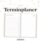 „2027 Terminplaner“. Aufgeschlagener Planer, links To-Do-Liste, rechts Notizen. Goldene Punkte dekorieren.