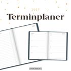 2027 Terminplaner. Oben im Bild: goldene Punkte. Zwei offene Kalenderseiten sind sichtbar.