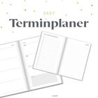 „2027 Terminplaner“ mit geöffneten Seiten, zeigt eine Woche mit To-Do-Listen und Notizbereich. Hintergrund weiß mit goldenen Punkten.