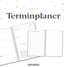 Text: „2027 Terminplaner.“ Geöffnet mit Datumseinträgen und Notizseite, dekorative Punkte im Hintergrund.
