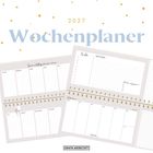 Text: "2027 Wochenplaner." Geschrieben in elegantem Design, darunter Kalender mit Spalten für Monate und Notizen.