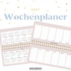 „2027 Wochenplaner“ in blauer Schrift, darunter Kalenderblätter mit Monaten und Geburtstagsliste. Oben goldene Punkte.