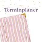 2027 Terminplaner. Illustration mit einem rosafarbenen, gestreiften Planer und goldenen Punkten.