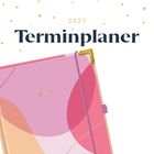 Text: "2027", "Terminplaner". Ein bunter Kalender mit rosa und roten geometrischen Mustern und Gummiband.