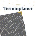 „Terminplaner 2027“. Ein dunkelgrauer Planer mit goldenen Punkten und gelben Akzent an der Ecke.