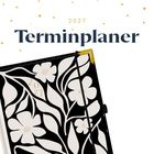 "2027 Terminplaner" in stilisierter Schrift, darunter ein Notizbuch mit floralem Schwarz-Weiß-Design.