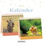 Ein Tischkalender für 2027 zeigt ein lächelndes Zebra und ein Hamster-ähnliches Tier. Texte: "STAY POSITIVE" und "GLÜCKSMOTTO".
