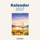 Text: "Kalender 2027", "52 Wochen voller Lebensweisheiten 2027". Segelboot im Sonnenuntergang mit Blumen im Vordergrund.
