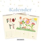 2027 Kalender. Zwei Kalenderseiten zeigen bunte Blumen, Bienen, einen Igel und eine strahlende Sonne mit freundlichen Gesichtern.