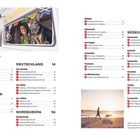 Seite zeigt Inhaltsverzeichnis für "Camping mit Hund." Links: Themenliste in Deutschland; rechts: Campingplätze in Europa.