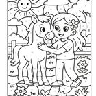 Malvorlage mit Zahlen. Mädchen umarmt Pony, Sonne mit Gesicht, Bäume, Wolken und Blumen im Hintergrund.