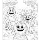 Drei fröhliche Monster, eines mit der Nummer "10" und einem Fußball, ein anderes in einem Zauberer-Outfit und ein pelziges vorne.