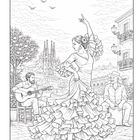 Eine Flamenco-Tänzerin in typischem Kleid, ein Gitarrist und ein Cajón-Spieler vor einer ikonischen Kirche in einer Stadt.