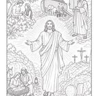 Illustration von biblischen Szenen: Mann mit Tafeln, Arche mit Tieren, zentrale Figur mit offenen Armen, Geburtsszene.