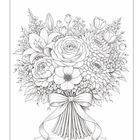 Illustration: Ein detailreicher Blumenstrauß mit Rosen, Lilien und Tulpen, kunstvoll mit einer Schleife gebunden.