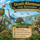Ein Dinosaurier steht in einer Landschaft mit Vulkanen und Pflanzen. Es sind keine Texte zu erkennen.