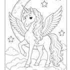 Ein geflügeltes Einhorn steht auf einer Wolke, umgeben von Sternen und einem großen Mond im Hintergrund.