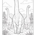 Drei große Dinosaurier mit langen Hälsen laufen in einer natürlichen Umgebung mit Bäumen und Bergen.