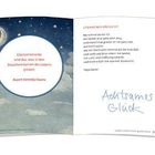 Links: "Glücksmomente sind das, was in den Zwischenräumen des Lebens glitzert." Rechts: Gedicht über Sternensehnsucht. Logo: "Achtsames Glück".