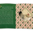 Text: „Josephi, das Jesuskind, zwei Hirten, die Heiligen drei Könige...“  
Links: Grüne Buchseite mit Text, rechts: Huhn auf weihnachtlichem Muster.