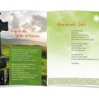 Linke Seite: „Möget du dich erinnern“. Rechte Seite: „Humorvolle Seele“. Text über Glück, Freundschaft, Humor. Landschaft und Kreuz.