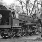 Nummer "042-320". Eine alte Dampflokomotive auf Schienen in einem kahlen, winterlichen Park.